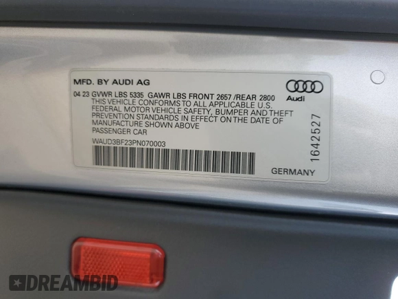 2023 Audi A6 Premium with VIN WAUD3BF23PN070003, listed as a Copart auction lot 51086685 with 16,508 mi miles and Salvage Title. Bid and sale history available at DreamBid. Image 12.