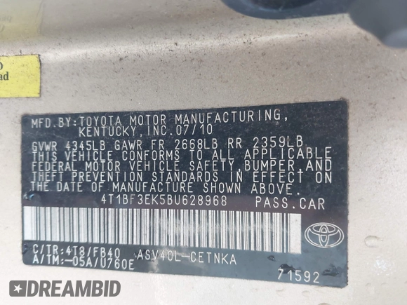 2011 Toyota Camry LE with VIN 4T1BF3EK5BU628968, listed as a IAAI auction lot 41988498 with 176,141 mi miles. Bid and sale history available at carsss.com. Image 9.