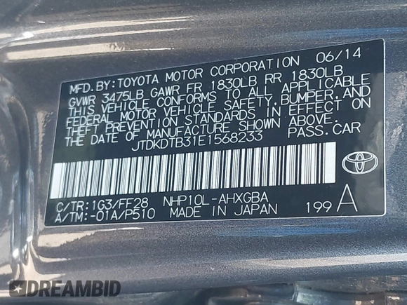 2014 Toyota Prius One with VIN JTDKDTB31E1568233, listed as a IAAI auction lot 42132907 with 96,093 mi miles and . Bid and sale history available at DreamBid. Image 9.