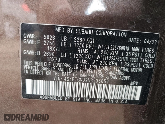 2022 Subaru Outback Limited XT with VIN 4S4BTGND2N3235652, listed as a Copart auction lot 49707475 with 24,278 mi miles and Salvage title. Bid and sale history available at DreamBid. Image 15.