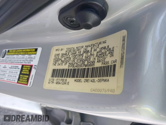 2012 Toyota Corolla L with VIN 5YFBU4EE6CP069665, listed as a IAAI auction lot 41916146 with 33,272 mi miles and . Bid and sale history available at DreamBid. Image 9.