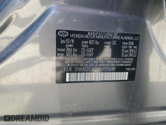 2019 Hyundai Santa Fe SE with VIN 5NMS2CAD7KH135680, listed as a Copart auction lot 59698015 with 88,492 mi miles and Salvage title. Bid and sale history available at DreamBid. Image 13.
