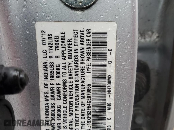 2012 Honda Civic LX с VIN 19XFB2F54CE079865, выставлен на аукционе Copart как лот 48490125 с пробегом 100 924 миль миль и Списание • Salvage title. История ставок и продаж доступна на DreamBid. Изображение 12.