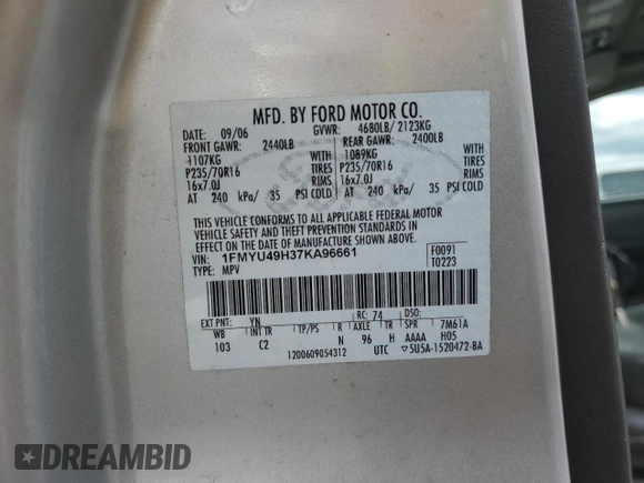 2007 Ford Escape Hybrid with VIN 1FMYU49H37KA96661, listed as a Copart auction lot 51013435 with 141,484 mi miles and Salvage Title. Bid and sale history available at carsss.com. Image 13.