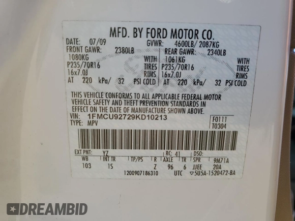 2009 Ford Escape XLS with VIN 1FMCU92729KD10213, listed as a Copart auction lot 48704425 with 114,219 mi miles and Salvage title. Bid and sale history available at DreamBid. Image 14.