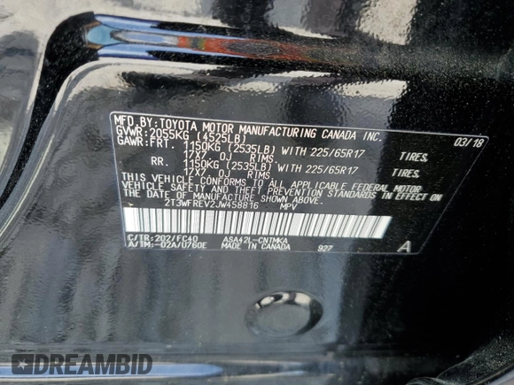2018 Toyota RAV4 XLE with VIN 2T3WFREV2JW458816, listed as a Copart auction lot 53235105 with 135,469 mi miles and Salvage Title. Bid and sale history available at DreamBid. Image 13.