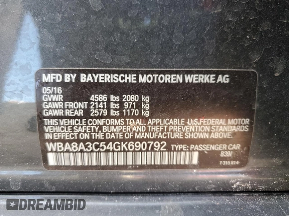2016 BMW 3 Series 320i xDrive with VIN WBA8A3C54GK690792, listed as a Copart auction lot 42239415 with 26,836 mi miles and Salvage Title. Bid and sale history available at DreamBid. Image 12.