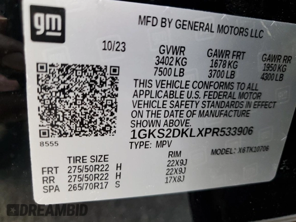 2023 GMC Yukon Denali with VIN 1GKS2DKLXPR533906, listed as a Copart auction lot 43274954 with 658 mi miles. Bid and sale history available at carsss.com. Image 14.