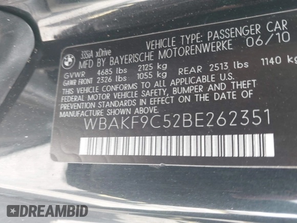 2011 BMW 3 Series 335i xDrive with VIN WBAKF9C52BE262351, listed as a IAAI auction lot 42178686 with 149,108 mi miles and . Bid and sale history available at DreamBid. Image 9.