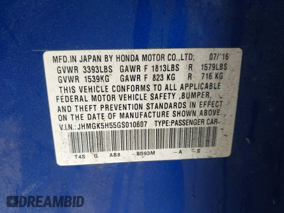 2016 Honda Fit LX with VIN JHMGK5H55GS010607, listed as a IAAI auction lot 42151316 with 39,944 mi miles. Bid and sale history available at carsss.com. Image 9.
