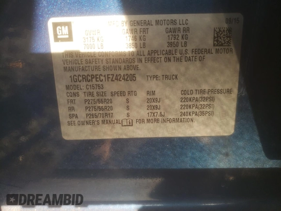 2015 Chevrolet Silverado 1500 LS with VIN 1GCRCPEC1FZ424205, listed as a Copart auction lot 49856735 with 104,380 mi miles and Salvage Title. Bid and sale history available at DreamBid. Image 14.