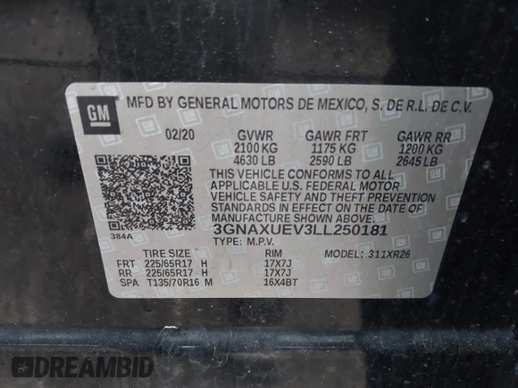 2020 Chevrolet Equinox LT with VIN 3GNAXUEV3LL250181, listed as a IAAI auction lot 41948839 with 126,402 mi miles and . Bid and sale history available at DreamBid. Image 9.