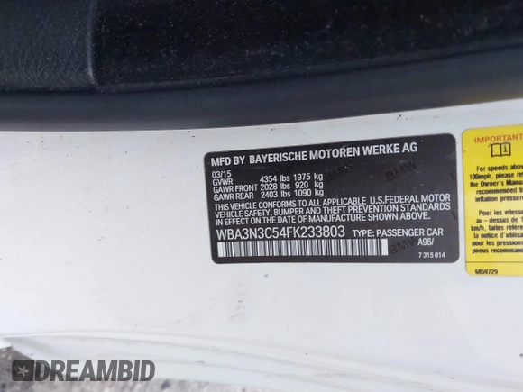2015 BMW 4 Series 428i with VIN WBA3N3C54FK233803, listed as a IAAI auction lot 40481486 with 74,556 mi miles and . Bid and sale history available at DreamBid. Image 9.