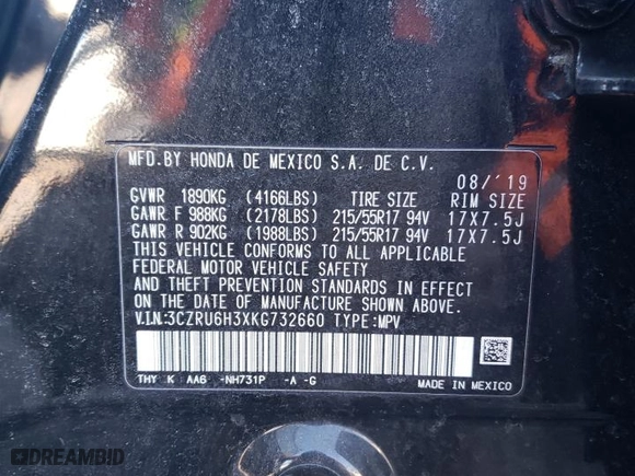 2019 Honda HR-V LX with VIN 3CZRU6H3XKG732660, listed as a Copart auction lot 52476615 with 284,189 mi miles and Clean Title. Bid and sale history available at carsss.com. Image 13.