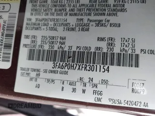 2015 Ford Fusion SE with VIN 3FA6P0H7XFR301154, listed as a IAAI auction lot 41806333 with 130,226 mi miles and . Bid and sale history available at DreamBid. Image 9.