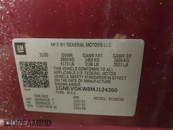 2021 Chevrolet Traverse LT Cloth with VIN 1GNEVGKW8MJ124350, listed as a IAAI auction lot 41456704 with 121,336 mi miles. Bid and sale history available at carsss.com. Image 9.