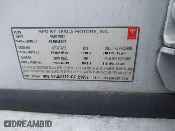 2016 Tesla Model S 90D with VIN 5YJSA1E21GF121962, listed as a IAAI auction lot 42130291 with 114,670 mi miles and . Bid and sale history available at DreamBid. Image 9.
