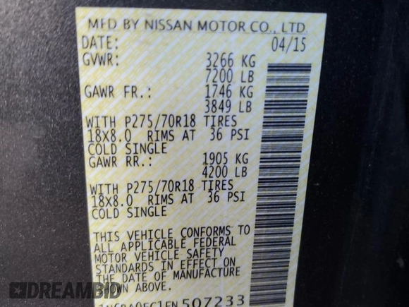 2015 Nissan Titan SL with VIN 1N6BA0EC1FN507233, listed as a Copart auction lot 73431094 with 83,831 mi miles and Clean Title. Bid and sale history available at carsss.com. Image 12.