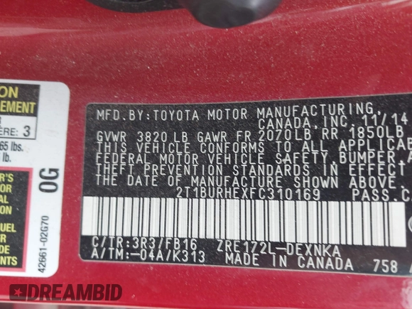 2015 Toyota Corolla L with VIN 2T1BURHEXFC310169, listed as a IAAI auction lot 42009753 with 163,385 mi miles and . Bid and sale history available at DreamBid. Image 9.