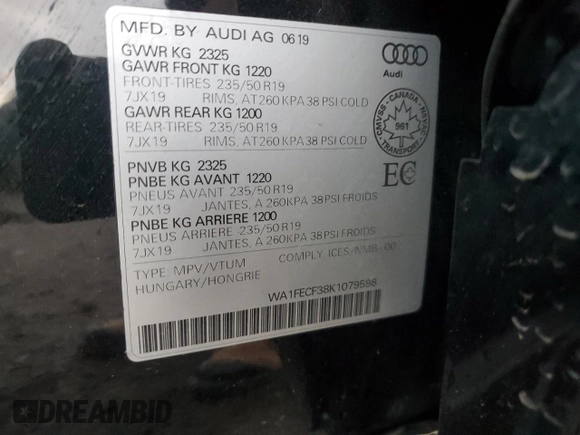 2019 Audi Q3 S line Prestige with VIN WA1FECF38K1079598, listed as a Copart auction lot 75451884 with 71,486 mi miles and Salvage Title. Bid and sale history available at carsss.com. Image 12.