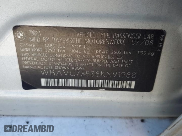 2008 BMW 3 Series 328xi with VIN WBAVC73538KX91988, listed as a Copart auction lot 54673065 with 188,012 mi miles and Clean title. Bid and sale history available at DreamBid. Image 12.