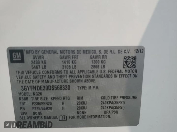 2013 Cadillac SRX Performance Collection with VIN 3GYFNDE30DS568330, listed as a Copart auction lot 59057005 with 163,817 mi miles and Salvage title. Bid and sale history available at DreamBid. Image 13.