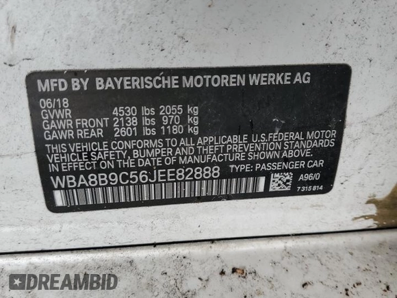 2018 BMW 3 Series 330i with VIN WBA8B9C56JEE82888, listed as a Copart auction lot 62343025 with 40,851 mi miles and Salvage title. Bid and sale history available at DreamBid. Image 12.