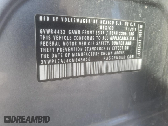 2012 Volkswagen Jetta TDI w/Sunroof & Nav z VIN 3VWPL7AJ4CM645626, wystawiony jako Copart lot #89278205 z przebiegiem 174 684 mil mil oraz Szkoda całkowita • Salvage title. Historia ofert i sprzedaży dostępna na DreamBid. Obrazek 13.