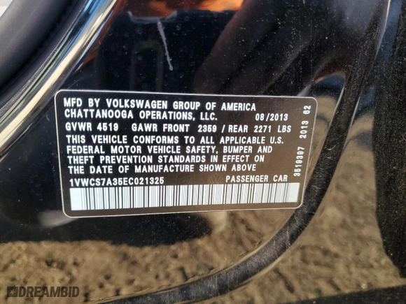 2014 Volkswagen Passat SEL Premium with VIN 1VWCS7A35EC021325, listed as a Copart auction lot 71020814 with 73,982 mi miles and Salvage Title. Bid and sale history available at carsss.com. Image 12.