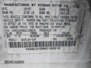 1998 Nissan Altima XE with VIN 1N4DL01D8WC165818, listed as a IAAI auction lot 41658156 with 184,843 mi miles. Bid and sale history available at carsss.com. Image 9.