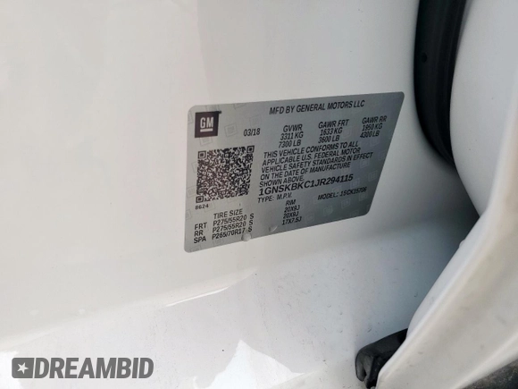 2018 Chevrolet Tahoe LT with VIN 1GNSKBKC1JR294115, listed as a Copart auction lot 59769515 with 81,523 mi miles and Salvage title. Bid and sale history available at DreamBid. Image 12.