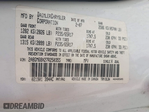 2007 Chrysler Pacifica Touring with VIN 2A8GM68X27R250355, listed as a IAAI auction lot 42090823 with 189,071 mi miles and . Bid and sale history available at DreamBid. Image 9.