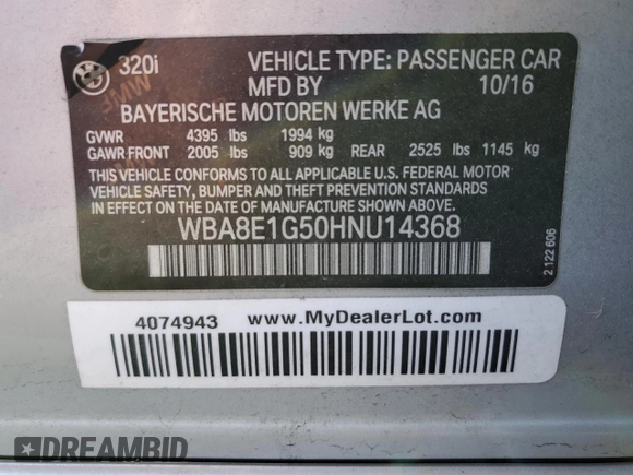 2017 BMW 3 Series 320i with VIN WBA8E1G50HNU14368, listed as a Copart auction lot 48378995 with 105,295 mi miles and Salvage Title. Bid and sale history available at carsss.com. Image 13.