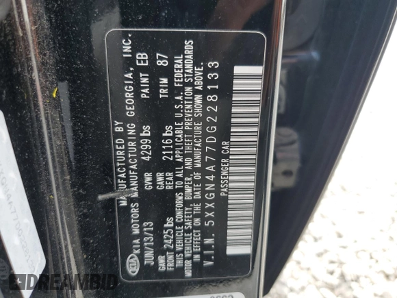2013 Kia Optima EX with VIN 5XXGN4A77DG228133, listed as a Copart auction lot 62207925 with 122,289 mi miles and Salvage title. Bid and sale history available at DreamBid. Image 12.