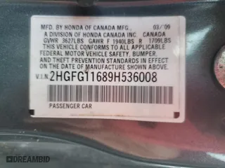 2009 Honda Civic Cpe LX with VIN 2HGFG11689H536008, listed as a Copart auction lot 86166924 with 199,600 mi miles and Clean Title. Bid and sale history available at carsss.com. Image 12.