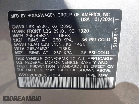 2024 Volkswagen Atlas SEL Premium R-Line z VIN 1V2FR2CA2RC551914, wystawiony jako IAAI lot #42028289 z przebiegiem 16 240 mil mil oraz . Historia ofert i sprzedaży dostępna na DreamBid. Obrazek 9.