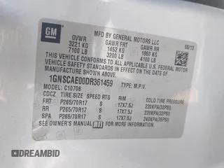 2013 Chevrolet Tahoe LS with VIN 1GNSCAE00DR361459, listed as a IAAI auction lot 41614458 with 171,925 mi miles and . Bid and sale history available at DreamBid. Image 9.
