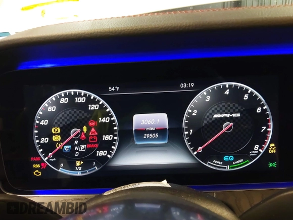 2019 Mercedes-Benz E 53 AMG with VIN WDD1K6BBXKF098282, listed as a IAAI auction lot 41482524 with 29,505 mi miles and . Bid and sale history available at DreamBid. Image 7.