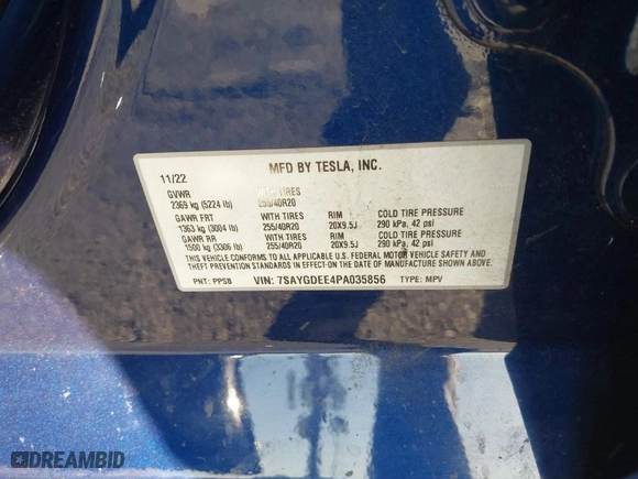 2023 Tesla Model Y Long Range with VIN 7SAYGDEE4PA035856, listed as a IAAI auction lot 41408305 with 59,344 mi miles. Bid and sale history available at carsss.com. Image 9.