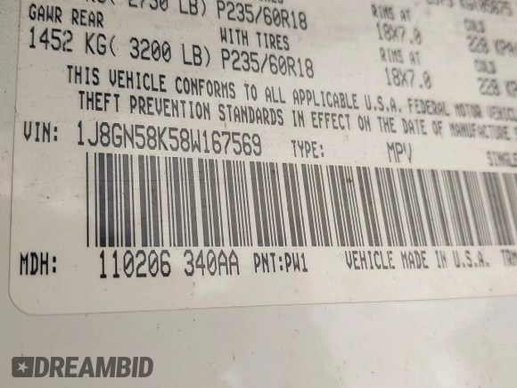 2008 Jeep Liberty Limited with VIN 1J8GN58K58W167569, listed as a IAAI auction lot 41996309 with 110,000 mi miles and . Bid and sale history available at carsss.com. Image 9.