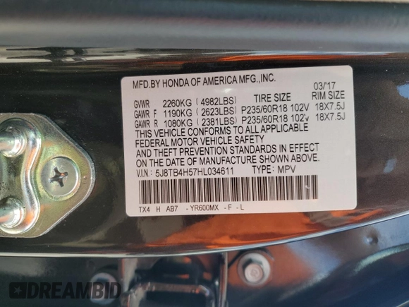 2017 Acura RDX Technology with VIN 5J8TB4H57HL034611, listed as a Copart auction lot 58584625 with 72,213 mi miles and Salvage title. Bid and sale history available at DreamBid. Image 12.
