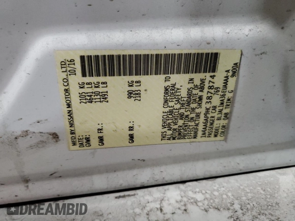 2017 Nissan Maxima SV with VIN 1N4AA6AP9HC387874, listed as a Copart auction lot 52320635 with Not Provided miles and Clean Title. Bid and sale history available at carsss.com. Image 12.