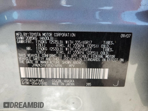 2008 Toyota RAV4 Limited with VIN JTMZK31V185016896, listed as a Copart auction lot 63068425 with 71,091 mi miles and Non repairable. Bid and sale history available at DreamBid. Image 13.