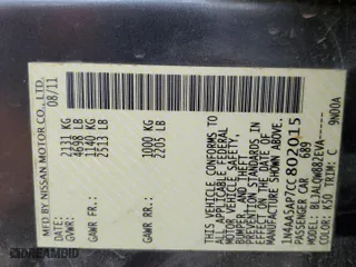 2012 Nissan Maxima 3.5 S with VIN 1N4AA5AP7CC802015, listed as a Copart auction lot 71313984 with 0 mi miles and Salvage Title. Bid and sale history available at carsss.com. Image 12.