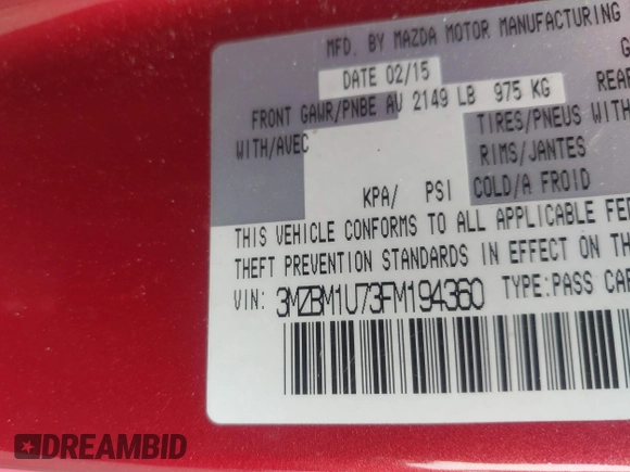 2015 Mazda 3 i Sport with VIN 3MZBM1U73FM194360, listed as a IAAI auction lot 42063614 with 122,293 mi miles. Bid and sale history available at carsss.com. Image 9.