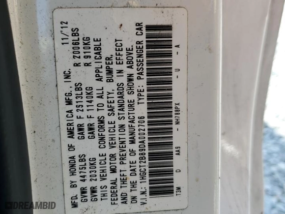 2013 Honda Accord Cpe EX-L with VIN 1HGCT2B89DA002706, listed as a Copart auction lot 43838715 with NaN miles and Non Repairable. Bid and sale history available at carsss.com. Image 12.