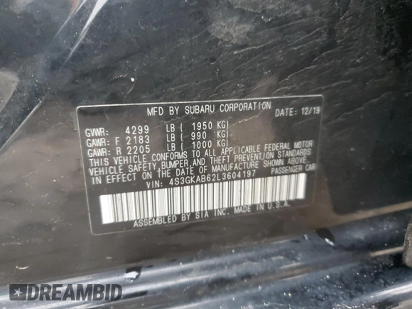 2020 Subaru Impreza with VIN 4S3GKAB62L3604197, listed as a Copart auction lot 44809565 with 85,259 mi miles and Salvage title. Bid and sale history available at DreamBid. Image 12.