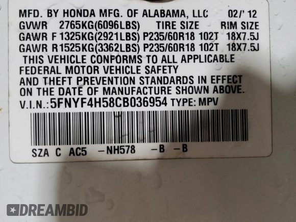 2012 Honda Pilot EX-L with VIN 5FNYF4H58CB036954, listed as a Copart auction lot 50565795 with 174,282 mi miles and Salvage Title. Bid and sale history available at DreamBid. Image 14.