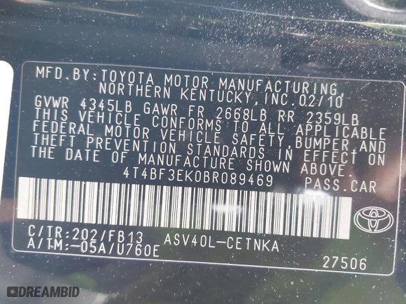 2011 Toyota Camry LE with VIN 4T4BF3EK0BR089469, listed as a IAAI auction lot 41986160 with 135,472 mi miles. Bid and sale history available at carsss.com. Image 9.