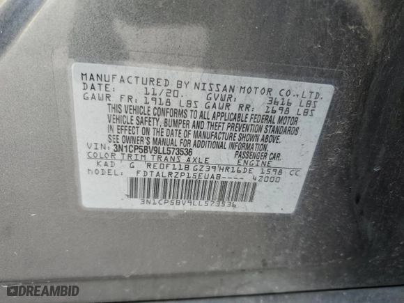 2020 Nissan Kicks S with VIN 3N1CP5BV9LL573536, listed as a Copart auction lot 45577975 with 100,177 mi miles and Clean Title. Bid and sale history available at carsss.com. Image 13.